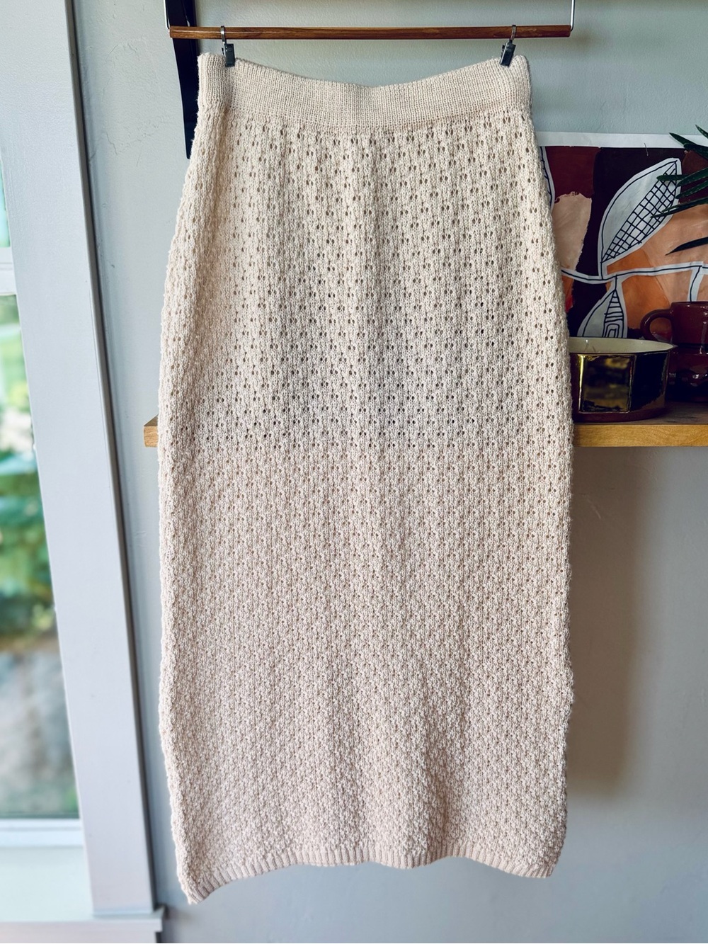 Vintage Ivory Cream Crochet Knit Semi Sheer Maxi Skirt Sz Large